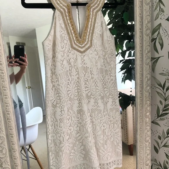 lilly pulitzer white dress with gold Dress Designer By Lilly Pulitzer In Gold & White, Size:S
